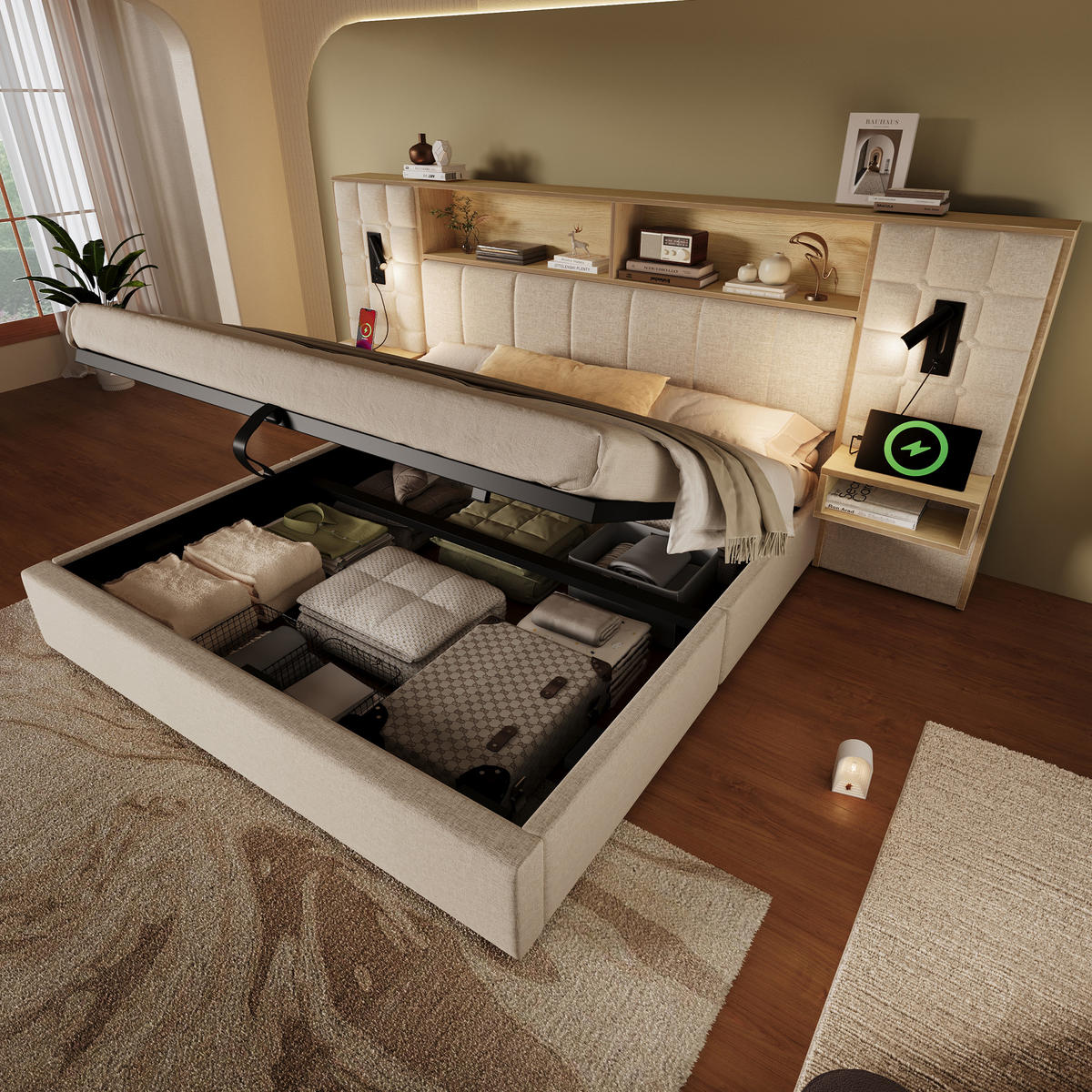 POLSTERBETT 180/200 cm Beige mit LED, 2 Leselampen und 2 integrierte Nachttische - Beige, Textil (180/200cm) - Oxeza