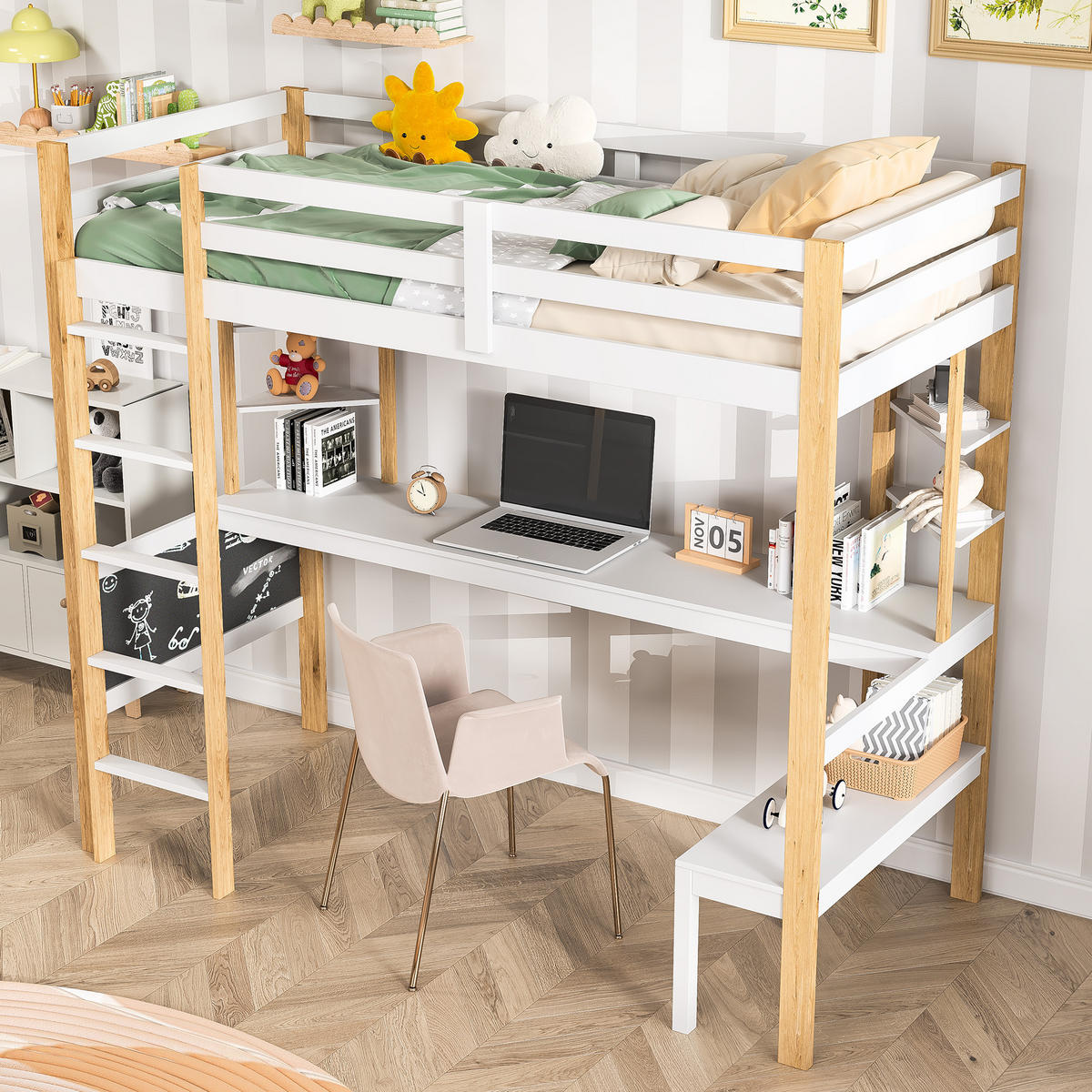 ETAGENBETT 90x200 Weiß mit Treppe - Weiß, Metall (90/200cm) - SHOPENTRA