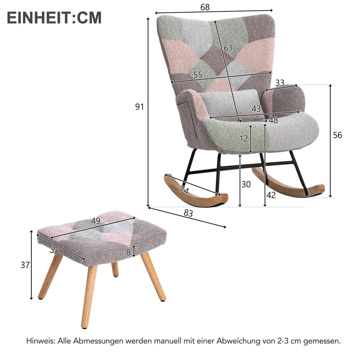 SCHAUKELSTUHL 48/43/93 cm bunt aus Samt mit Fußhocker und Lendenkissen - Multicolor, Textil (83/91/68cm) - OKWISH