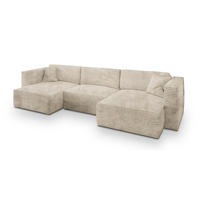 WOHNLANDSCHAFT SARMO Creme Kordstoff mit Schlaffunktion - Creme, Holz (347/90/148cm) - MASSENO