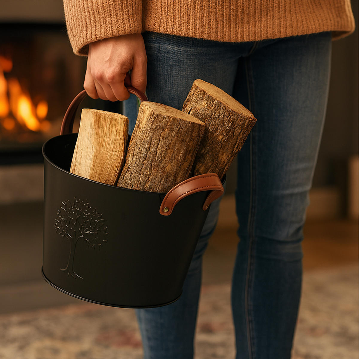 2XKOŠÍK na drevo - čierna, kov/koža (45/35/45cm) - Relaxdays