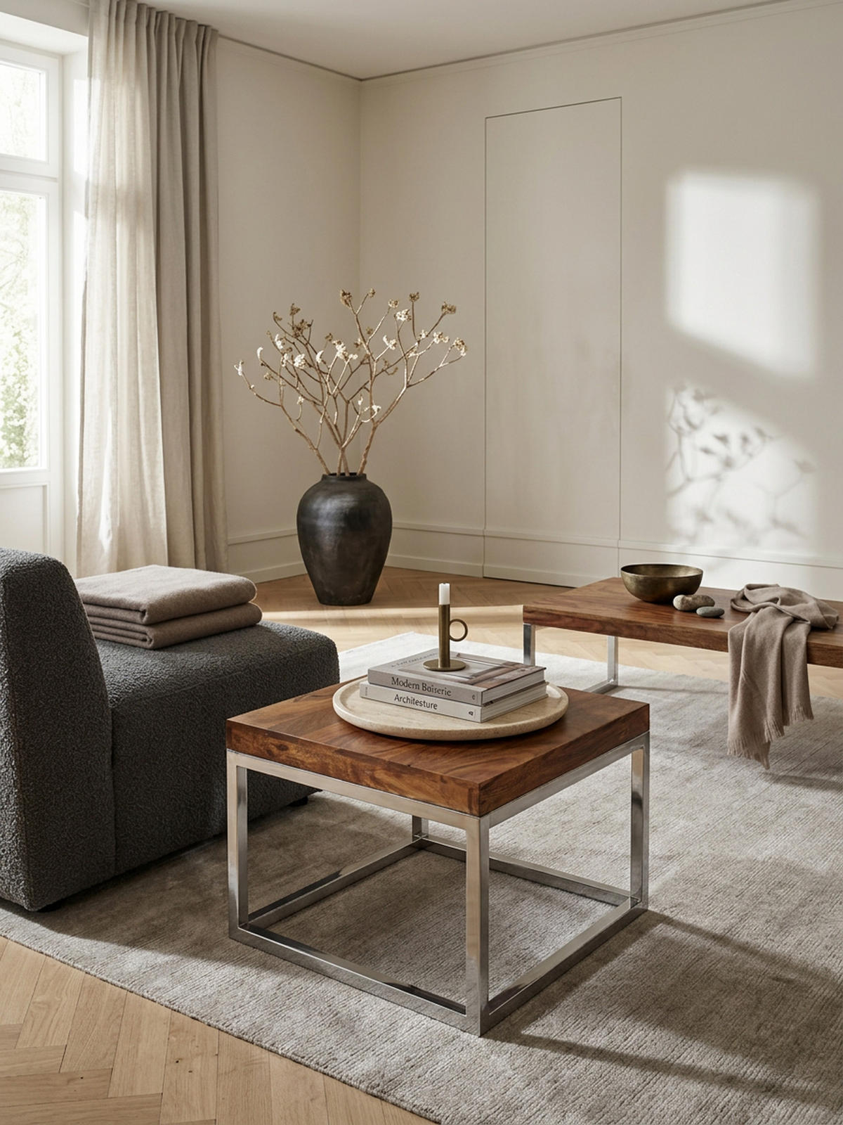 COUCHTISCH Massivholz Metallgestell Pflegeleicht, Braun 60x60x40 cm - Silberfarben/Braun, Holz/Metall (60/60/40cm) - KADIMA DESIGN