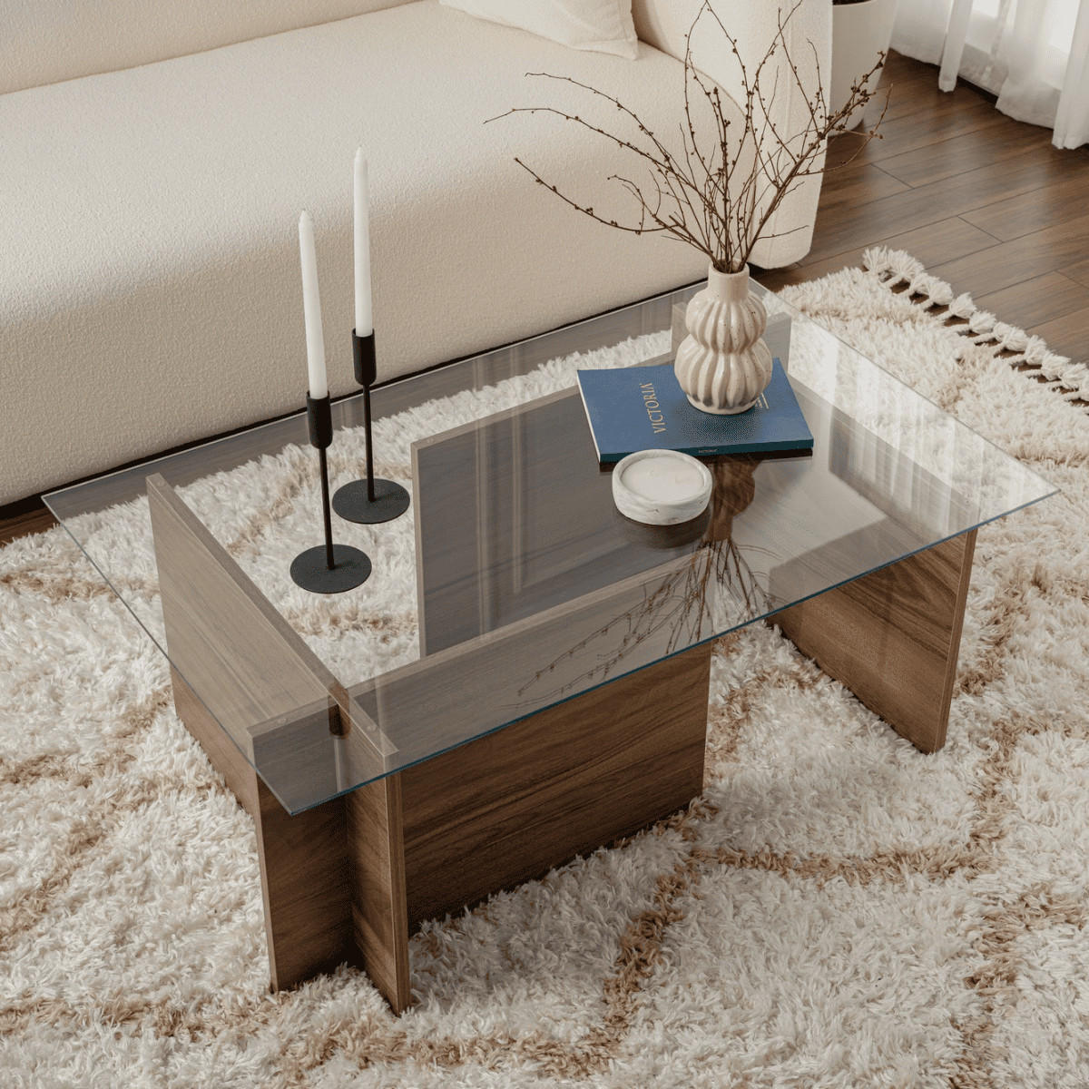 COUCHTISCH mit glasplatte noah 105/65/40 cm - Naturfarben, Holzwerkstoff (105/65/40cm) - Calicosy