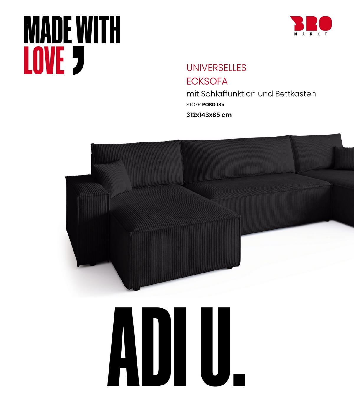 WOHNLANDSCHAFT ADI U mit Schlaffunktion Cordstoff Schwarz - Schwarz, Textil (312/85/143cm) - Bromarkt