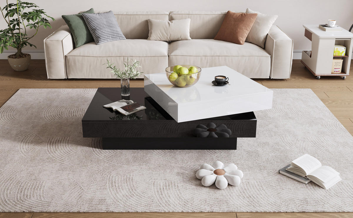 COUCHTISCH 103/60/35,5 cm drehbar mit Hochglanzoberfläche in Schwarz-Weiß - Schwarz Hochglanz, Holzwerkstoff (60/103/35.5cm) - OKWISH