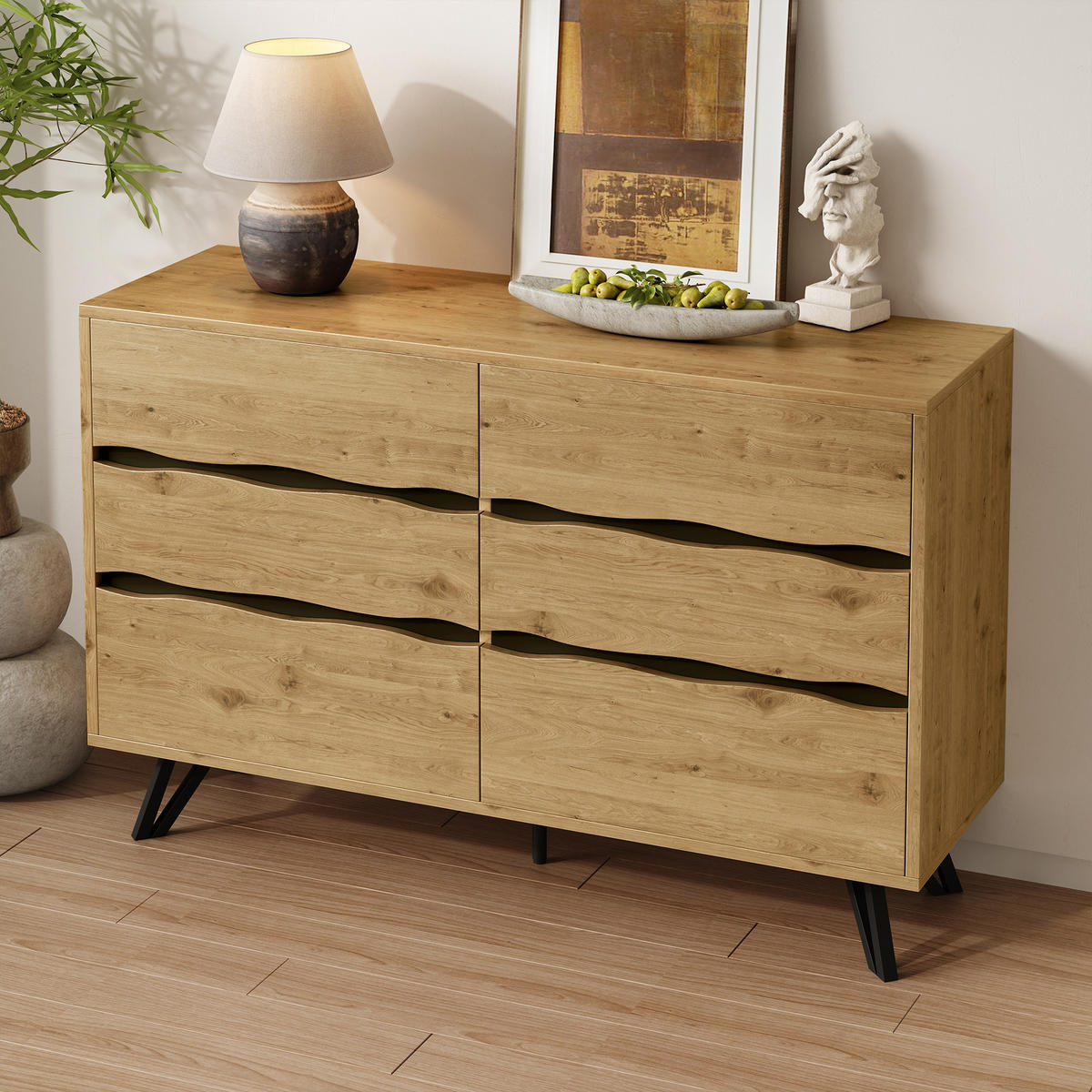SIDEBOARD mit 6 Schubladen, Holzoptik mit wellenförmigen Fronten und schwarzen Metallfüßen, 120/40/75,5 cm,Naturfarben - Naturfarben, Holzwerkstoff (120/75.5/40cm) - Redom