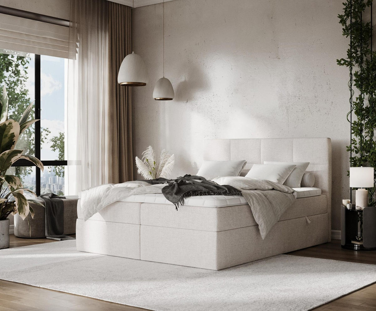BOXBETT Oris 160/200 cm Hellbeige im Neve Stoff - Sandfarben/Schwarz, Holz/Holzwerkstoff (160/200cm) - AltaBeds