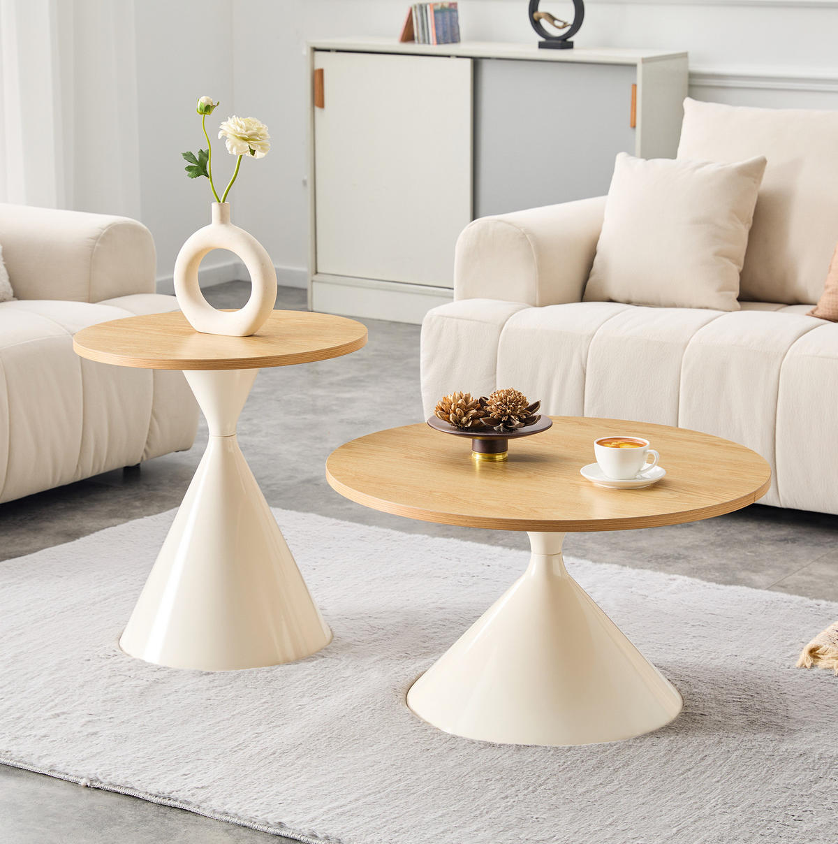 COUCHTISCH-SET 70/70/40 cm Holzoptik/Creme aus Metall stapelbar - Eichefarben, Metall (70/70/40cm) - OKWISH