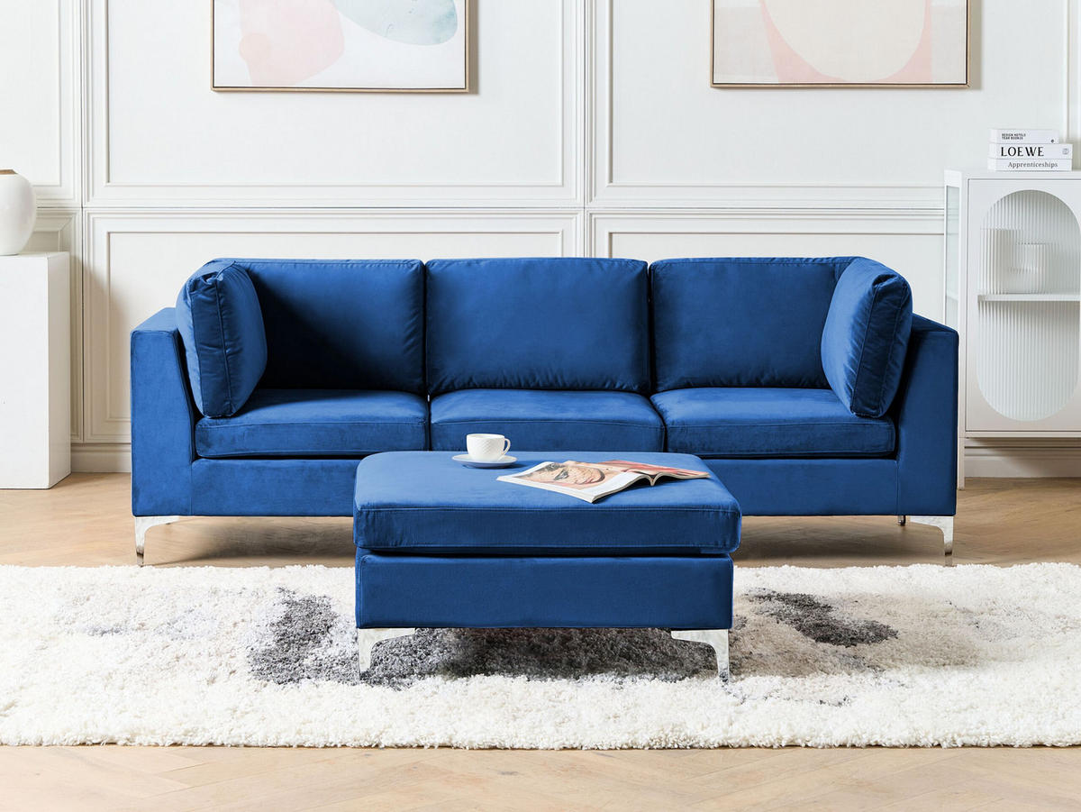 3-SITZER-SOFA Samtstoff marineblau mit Ottomane Evja - Blau, Textil (235/84/85cm) - Beliani
