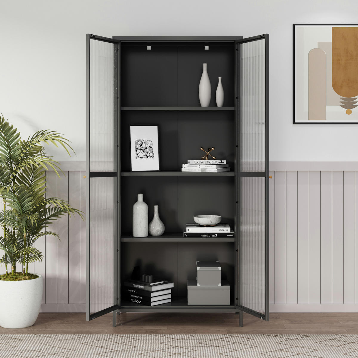 VITRINENSCHRANK Säkylä - Schwarz, Glas/Metall (80/180/35cm) - [en.casa]