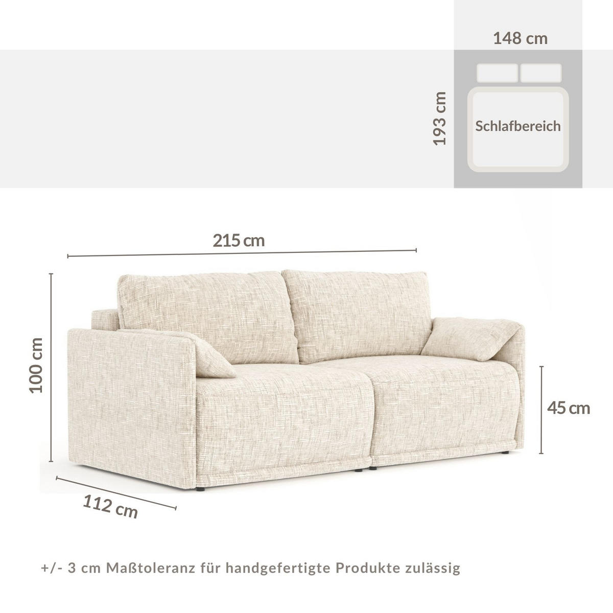 SCHLAFSOFA MIT ECKSOFA-FUNKTION Nappa Creme Webstoff - Creme/Schwarz, Holz/Holzwerkstoff (215/100/112cm) - Maison de Reve