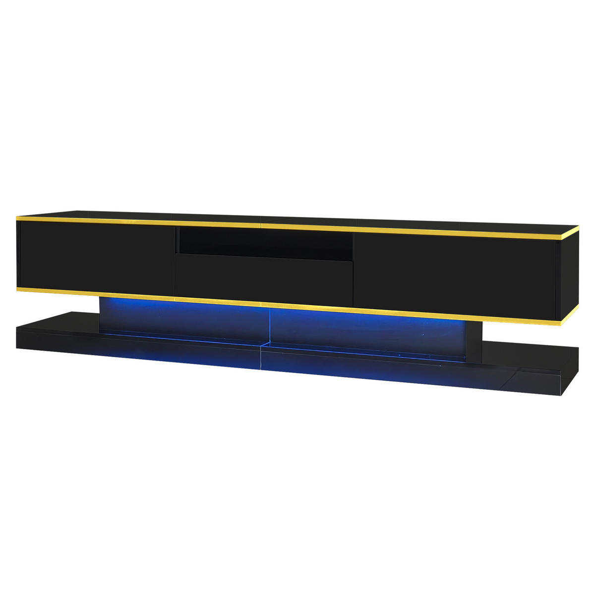 TV-SCHRANK aus Holzwerkstoff 180x38x45 cm Schwarz/Gold mit LED-Beleuchtung, Hochglanzoberfläche und 3 Schubladen - Schwarz, Holzwerkstoff (180/45/38cm) - Modfu