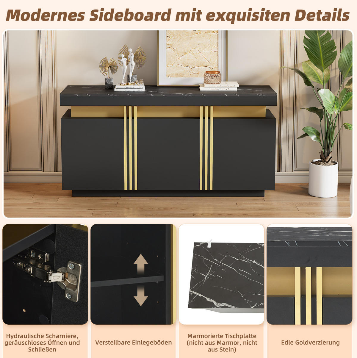 SIDEBOARD aus Spanplatte 140x38x70 cm Schwarz mit Marmoroptik, 3 Türen und verstellbaren Einlegeböden - Schwarz, Holzwerkstoff (140/70/38cm) - IVMEU