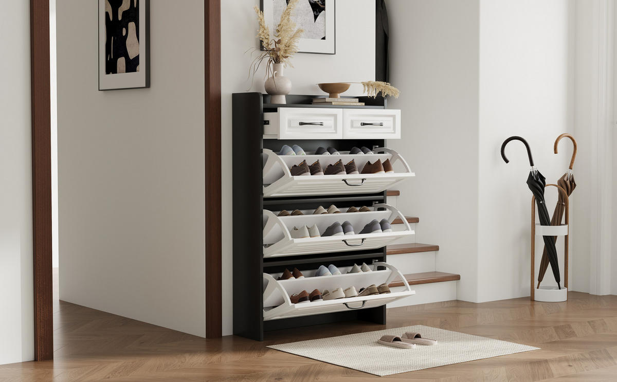 SCHUHKOMMODE mit 3 Klappen und 2 Schubladen, Spanplatte, 80/23,5/131 cm, Weiß/Schwarz - Schwarz, Holzwerkstoff (23.5/131/80cm) - Redom