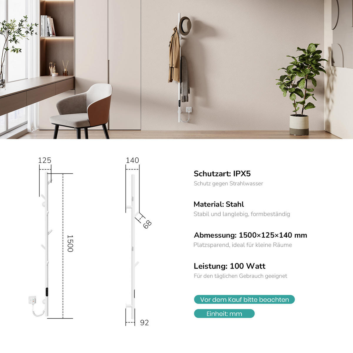 ELEKTRIČNI RADIJATOR s wlan termostatom bijeli - bijela, metal (12.5/150/14cm) - EMKE