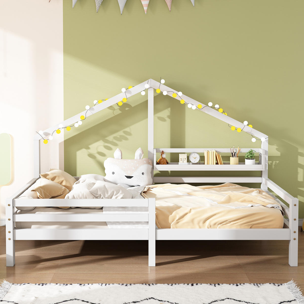 POSTELJA v obliki hiše 90/200 cm bela z zaščitno ograjo in zadnjo polico iz bora - bela, leseni material (90/200cm) - OKWISH