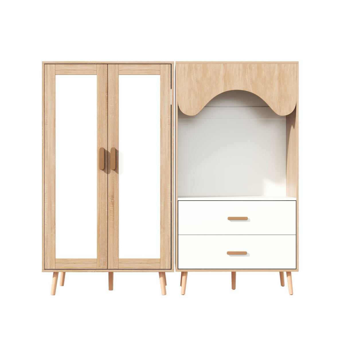 KLEIDERSCHRANK in Weiß & Naturholz-Optik Schrank-Set Schlafzimmermöbel mit Kleiderstange - Naturfarben/Weiß, Holzwerkstoff (160/141.5/46cm) - STILVORA