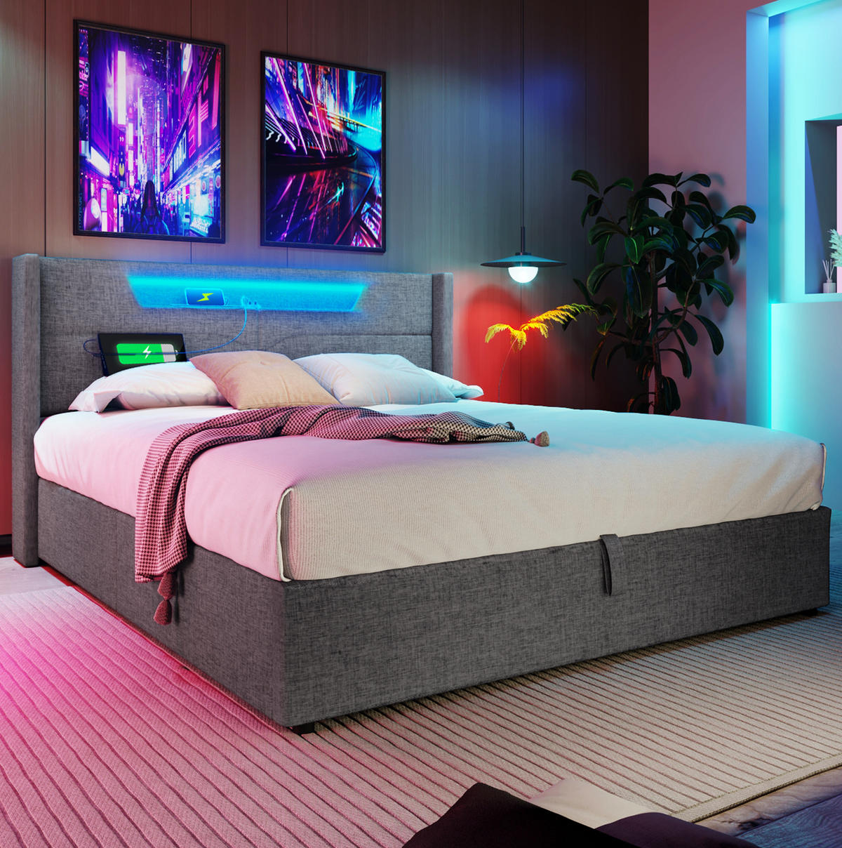 POLSTERBETT 140/200 cm mit LED, Bettkasten, USB-C und gepolstertem Kopfteil - Grau, Textil (140/200cm) - BEAOK