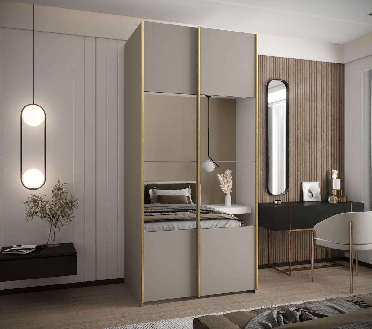 SCHWEBETÜRENSCHRANK 245,5/120/64 2-türig - Kaschmir/Goldfarben, Holz/Metall (120/245/64cm) - Abiks Möbel