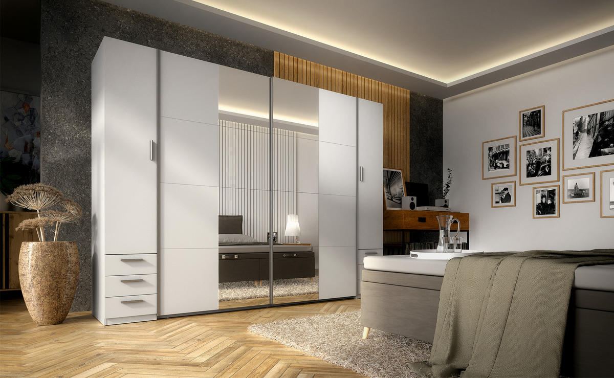 SCHWEBETÜRENSCHRANK AMAREN 269,6/207,6/61,4cm 2-türig mit Spiegel Weiß - Weiß, Holzwerkstoff (269.6/207.6/61.4cm) - MASSENO