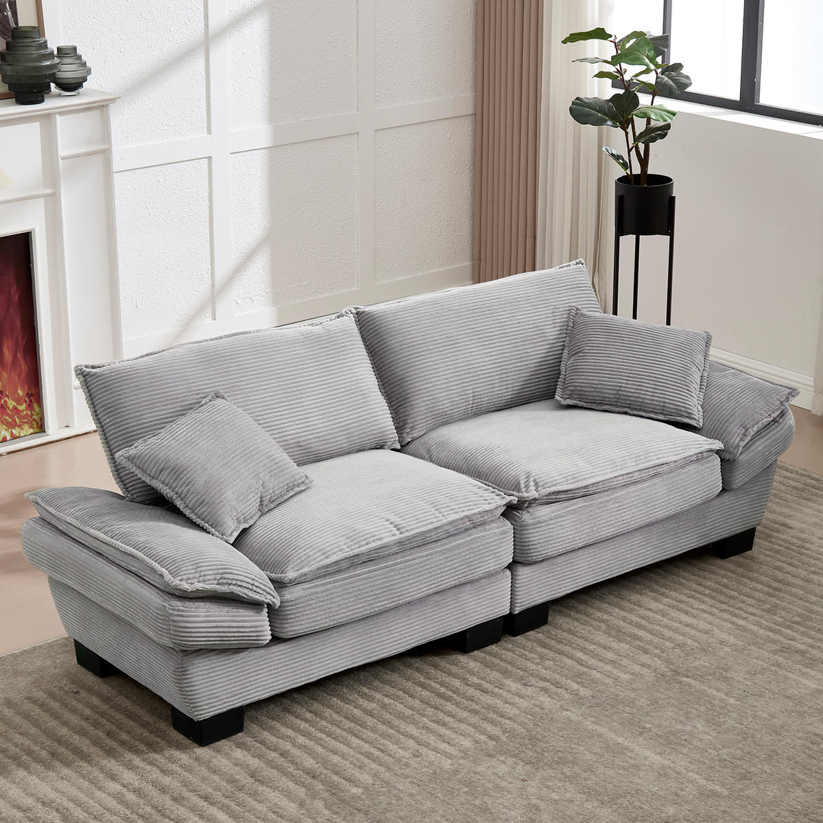 2-SITZER SOFA Cord Hellgrau mit Kissen und Armlehnen - Hellgrau, Holzwerkstoff/Kunststoff (224/81/81cm) - WISHDOR
