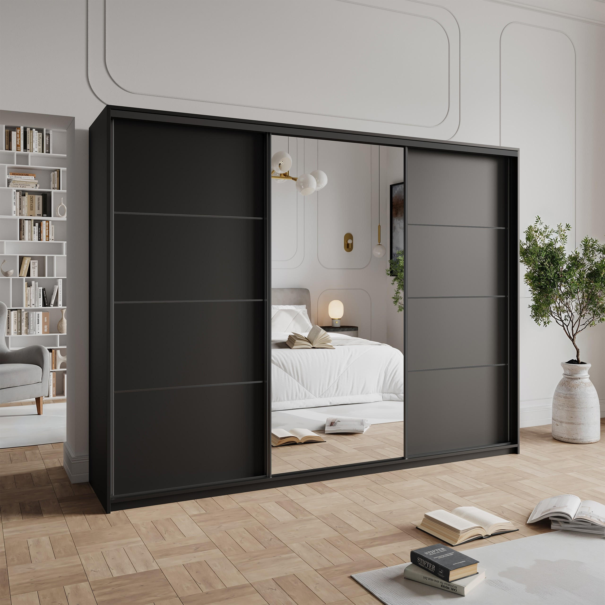 SCHWEBETÜRENSCHRANK VARO 250/205/60 cm 3-türig mit Spiegel und Schubladen Schwarz - Schwarz, Holzwerkstoff (250/205/60cm) - MASSENO