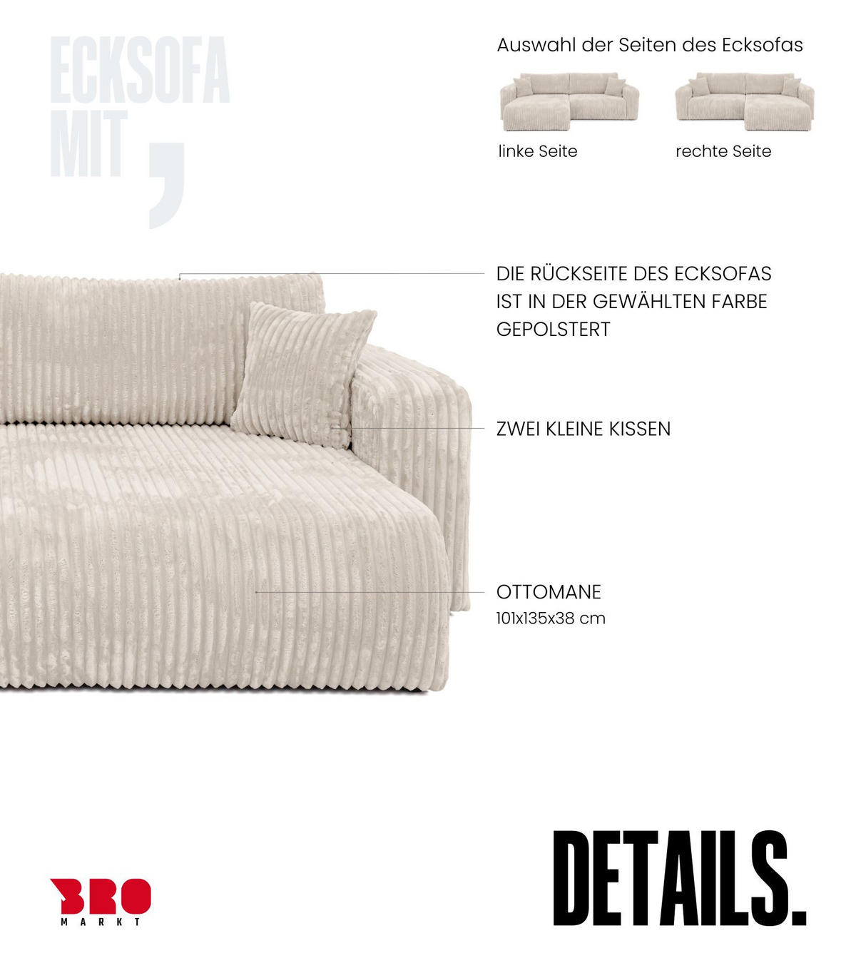 ECKSOFA mit Schlaffunktion TILIO Cream - Creme, Textil (244/148cm) - Bromarkt