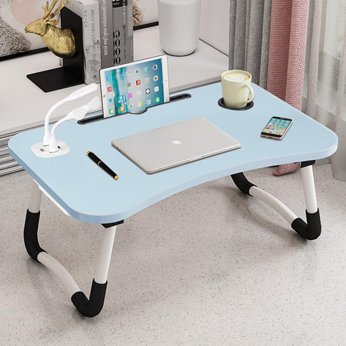 LAPTOPTISCH Klappbarer mit USB-Anschlüssen für Bett und Couch in Hellblau - Blau, Metall (40/60/28cm) - Livingandhome