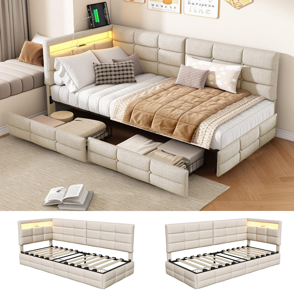 BETT 90x200 cm mit L-förmigem Kopfteil, 2 Schubladen, USB-Ladeanschluss, LED-Licht, Leinenstoff, Beige - Beige, Holz (90/200cm) - BRILVERDE