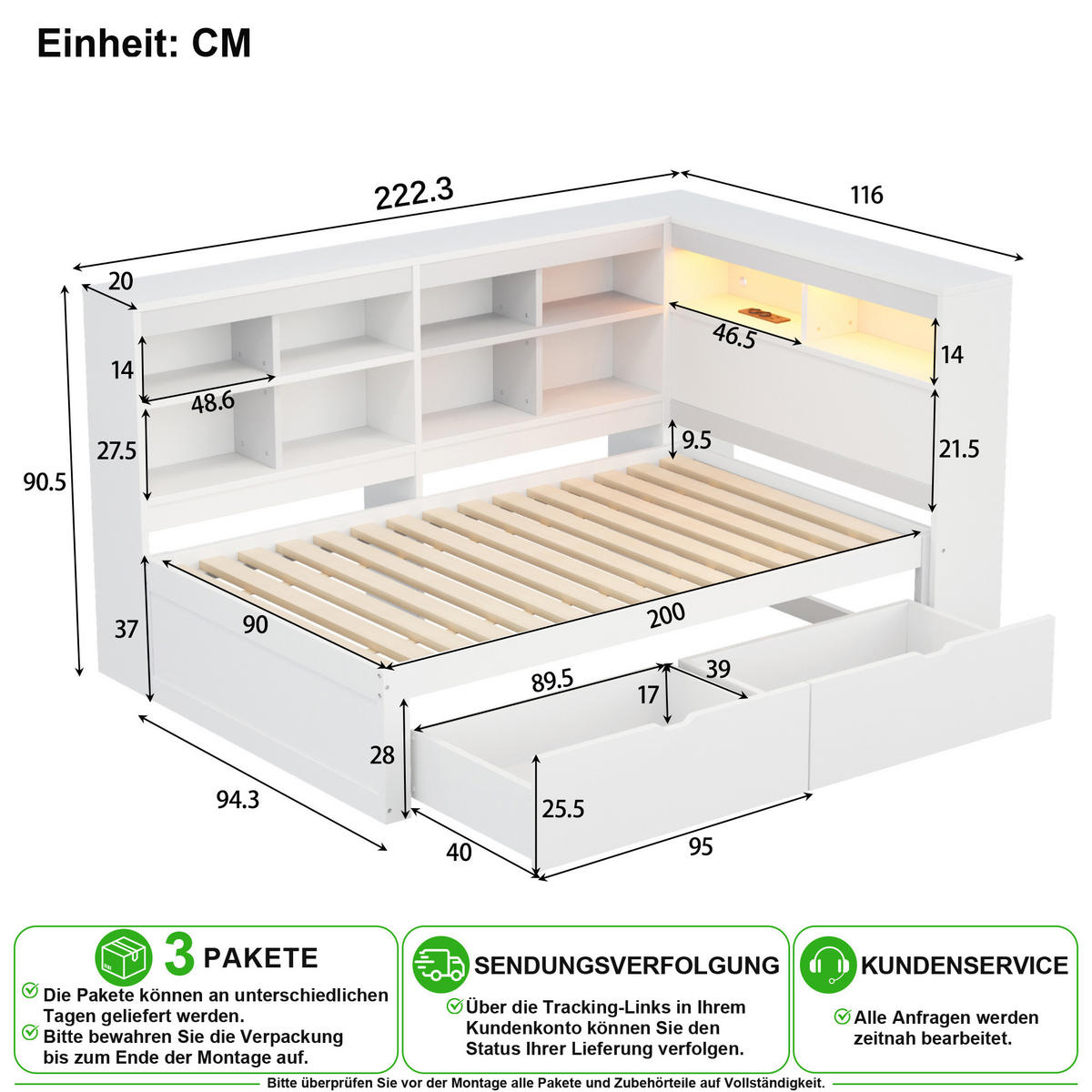SCHLAFSOFA 90/200 cm in Weiß mit Schubladen, LED und USB - Weiß, Holz/Holzwerkstoff (90/200cm) - CHICFURN