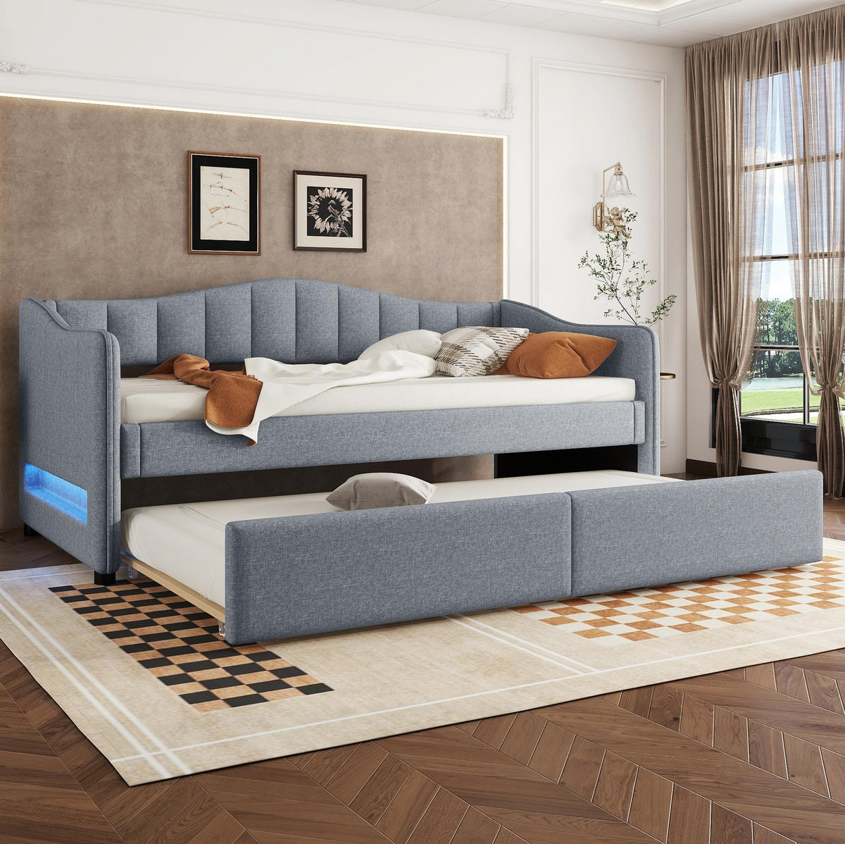 KREVET 90/200 cm s izvlačnim pomoćnim ležajem, LED osvjetljenjem i minimalističkim dizajnom, Siva - siva, tekstil (90/200cm) - Redom