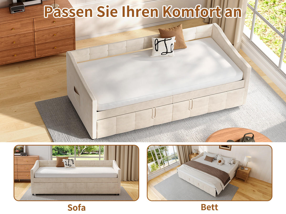 SCHLAFSOFA 90x200cm weiß samt hydraulik seittaschen - Weiß, Holzwerkstoff (90/200cm) - SHOPENTRA