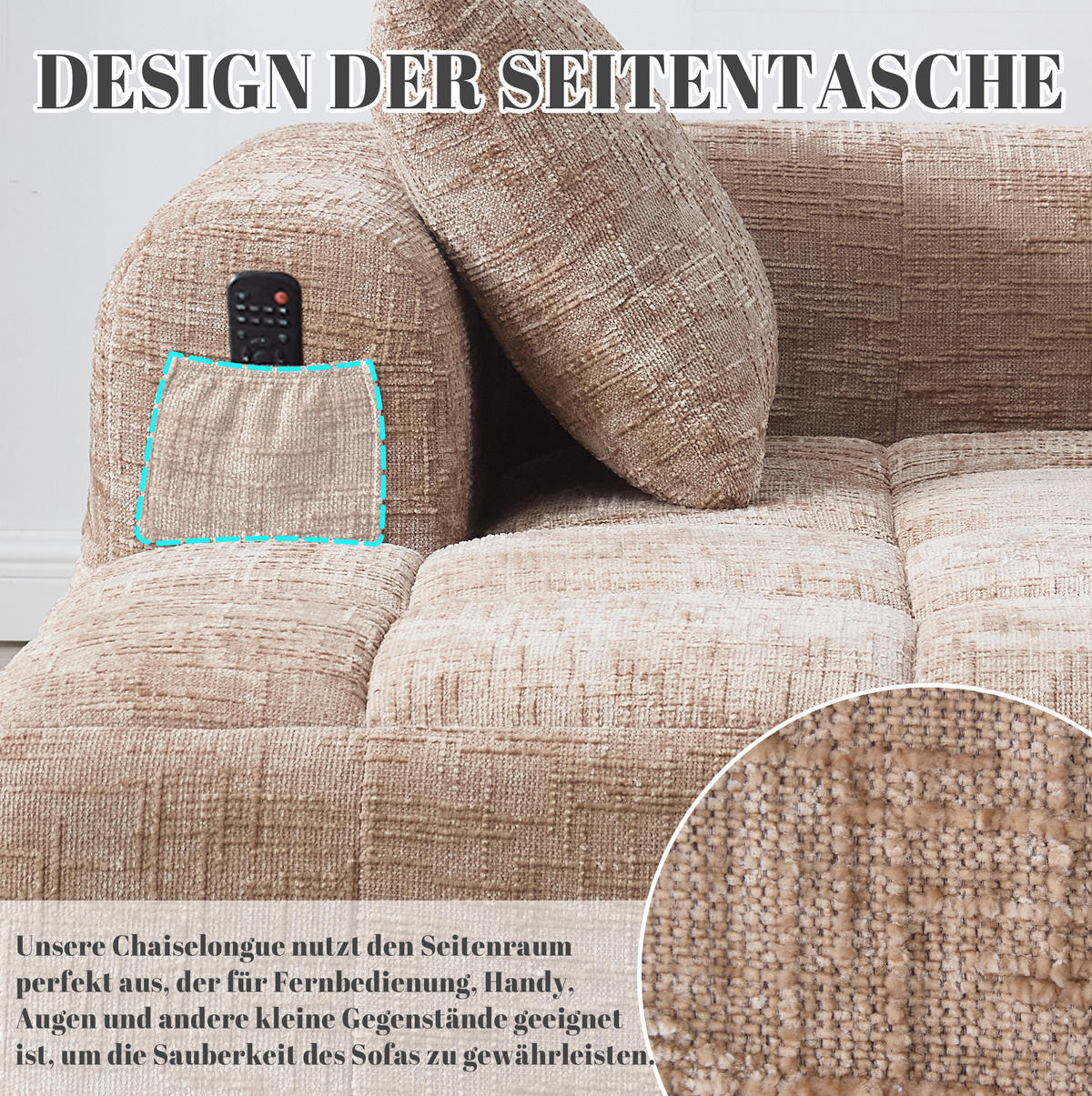 SOFA s ležaljkom, 158/90/60 cm, chenille kaki, s bočnim džepovima i jastukom - boje pijeska, tekstil (60/158/90cm) - BEAOK