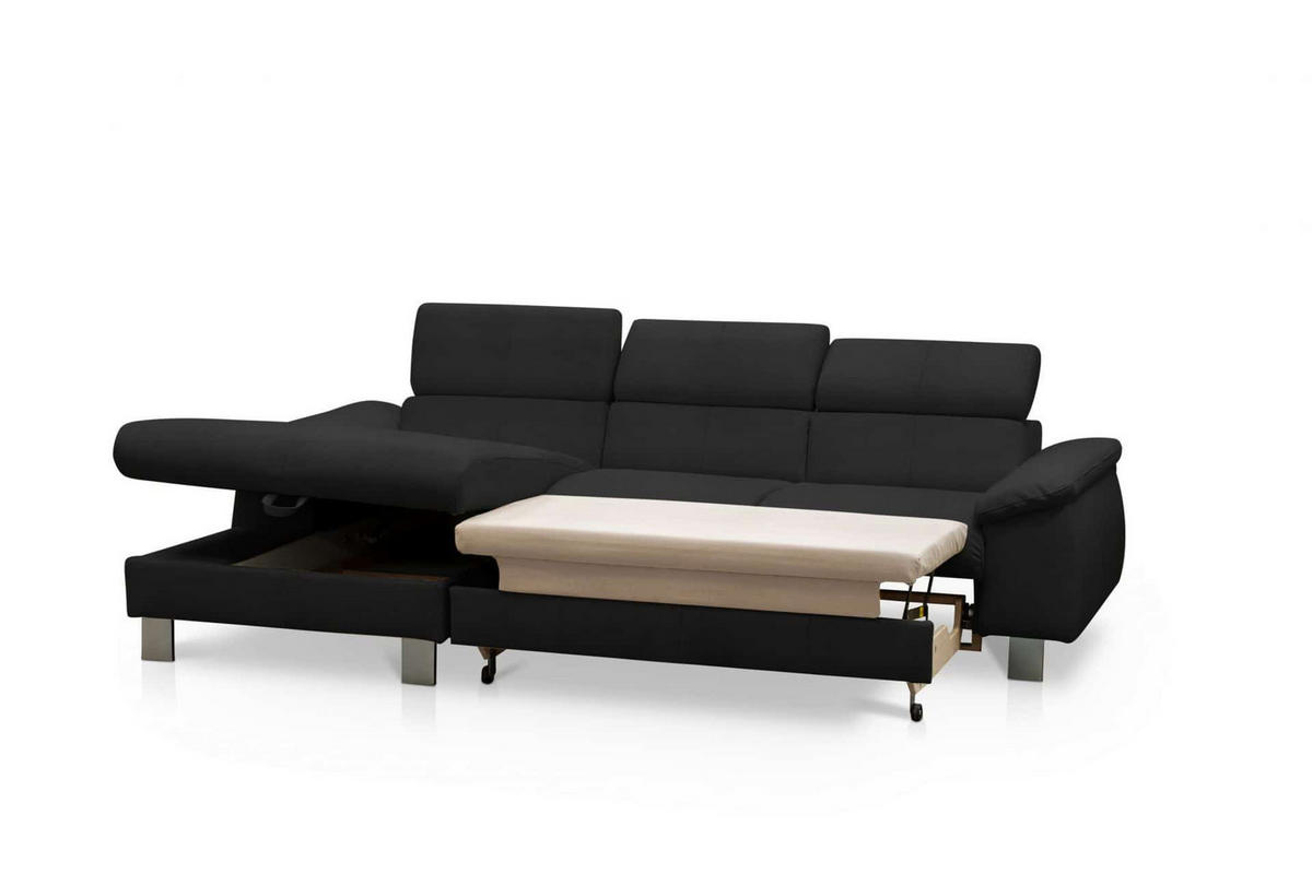 ECKSCHLAFSOFA mit Echtlederbezug, Schlaffunktion & Bettkasten - Chromfarben/Schwarz, Leder/Holz (244/166cm) - Cotta