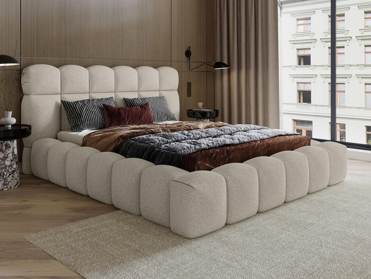 POLSTERBETT Mira XL Hellbeige 180/200 cm Boucle mit Bettkasten - Champagner, Textil/Metall (180/200cm) - wonello