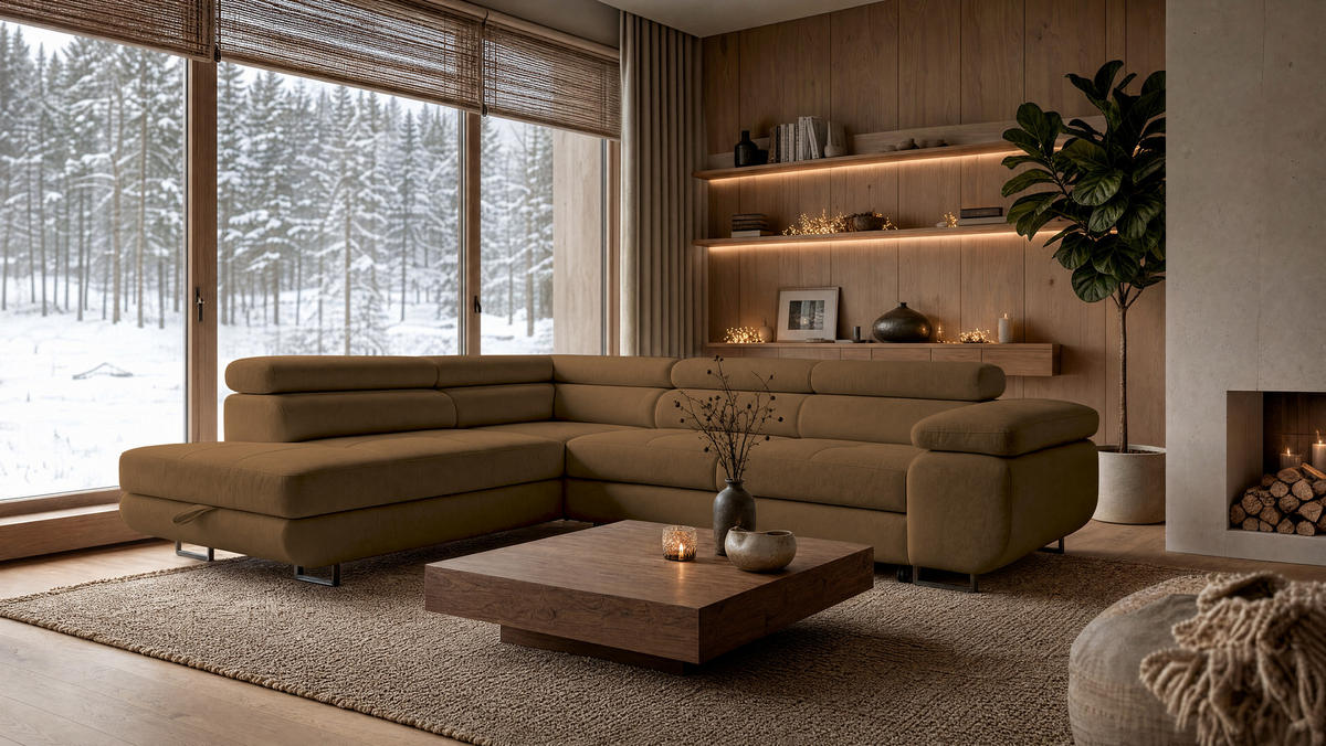 ECKSOFA Velmo mit Bettkasten und Schlaffunktion, verstellbaren Kopfstützen, in L-Form - Braun, Textil (275/203cm)