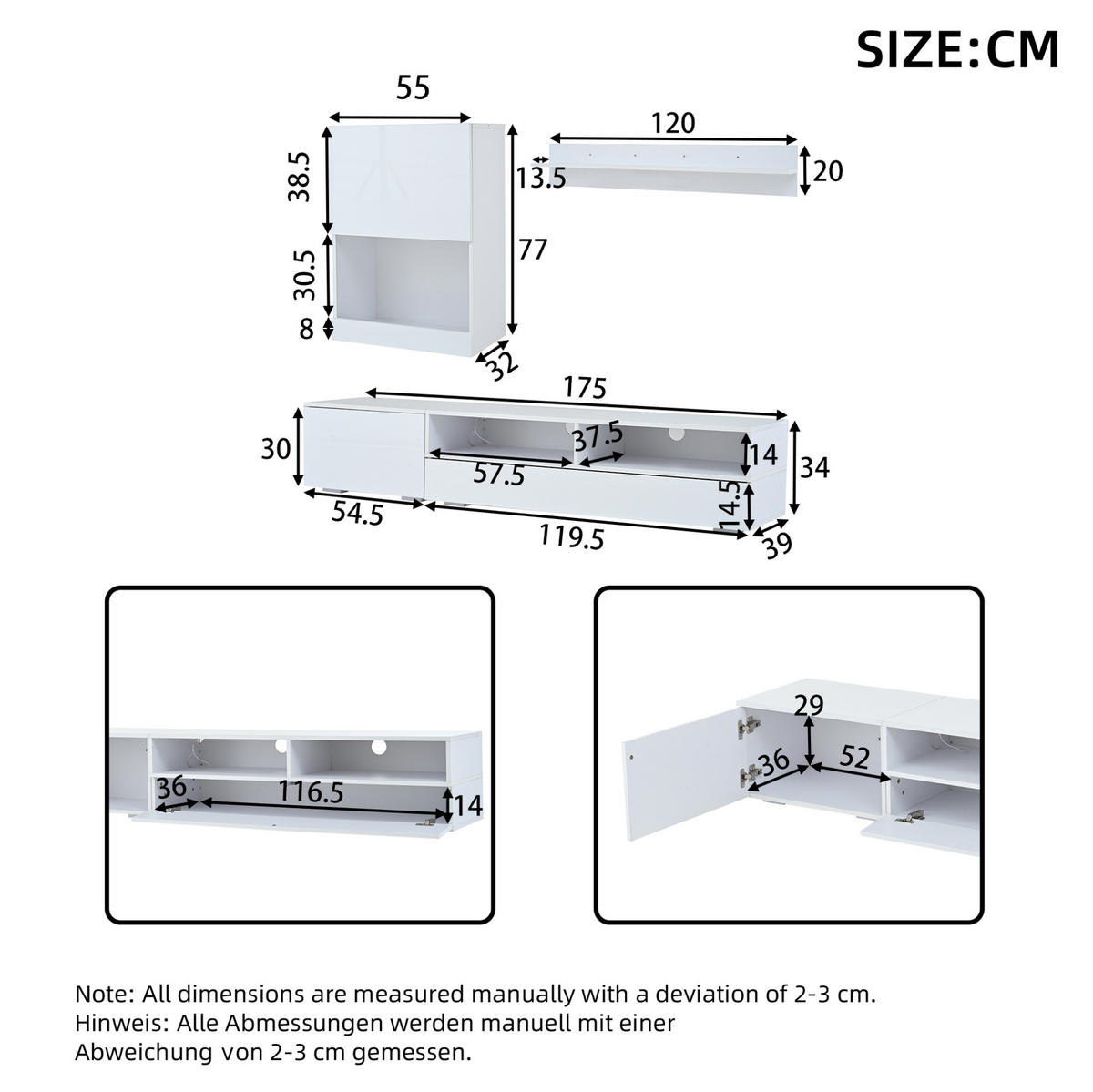 WOHNWAND / Lowboard 175/39/34 cm mit LED und Soft-Close in Weiß, 3-teilig - Weiß, Holzwerkstoff (175/34/39cm) - BEAOK