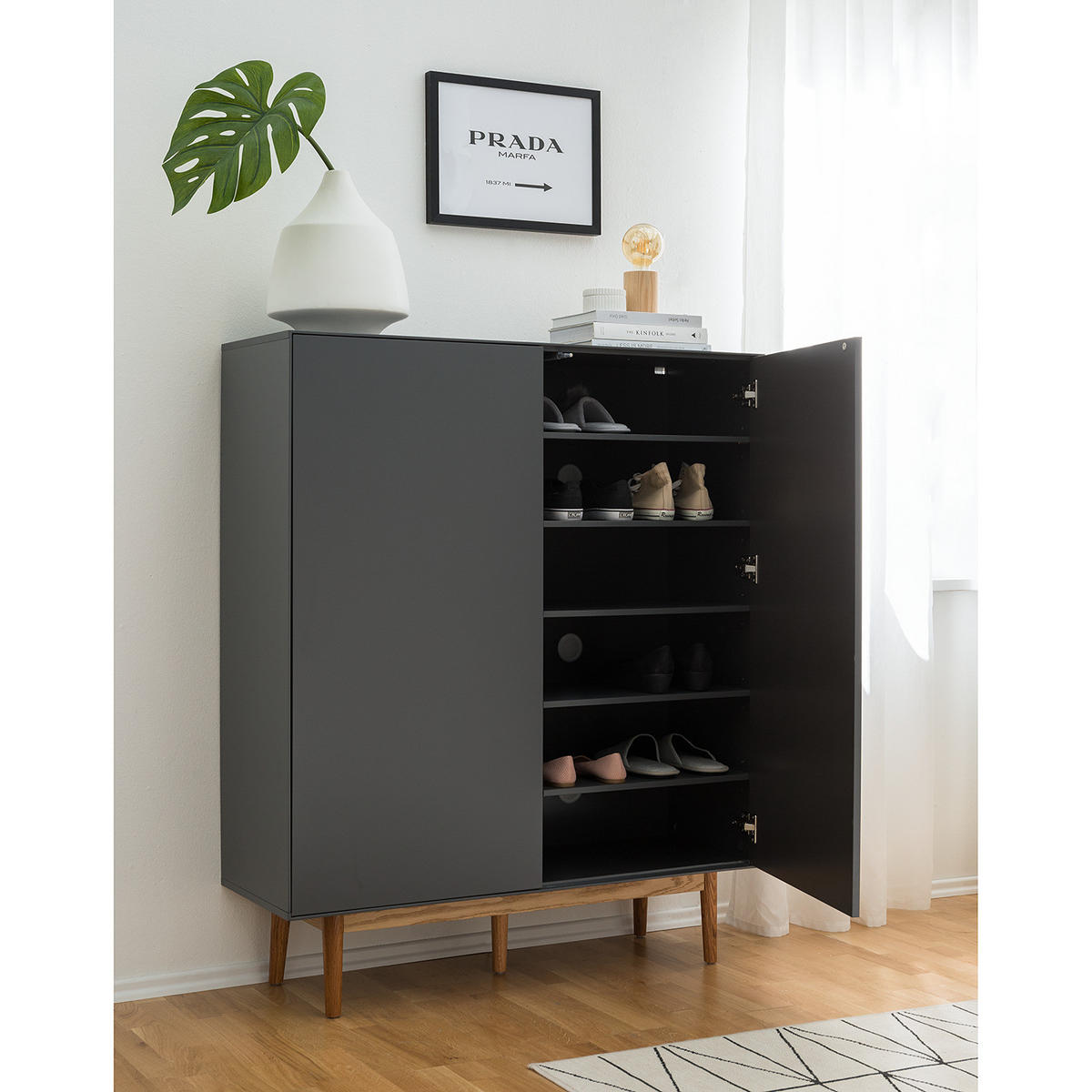 SCHUHKOMMODE mit 2 Türen - Eichefarben/Grau, Holzwerkstoff (110/132/38cm) - home24