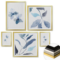 WANDBILDER 5er Set - 50x50 cm & 20x30 cm & 40x60 cm Goldrahmen - Minimalistische blaue Blumen - Goldfarben, Kunststoff (40/60cm) - ArtPrintCave
