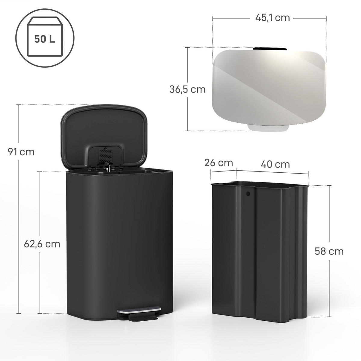 KÜCHENMÜLLEIMER 50L SCHWARZ 45,1/62,6/36,5 cm, Edelstahl, Schwarz, TRETEIMER MIT ABSENKAUTOMATIK, Küche - Schwarz, Metall (36.5/62.6/45.1cm) - Rolipo