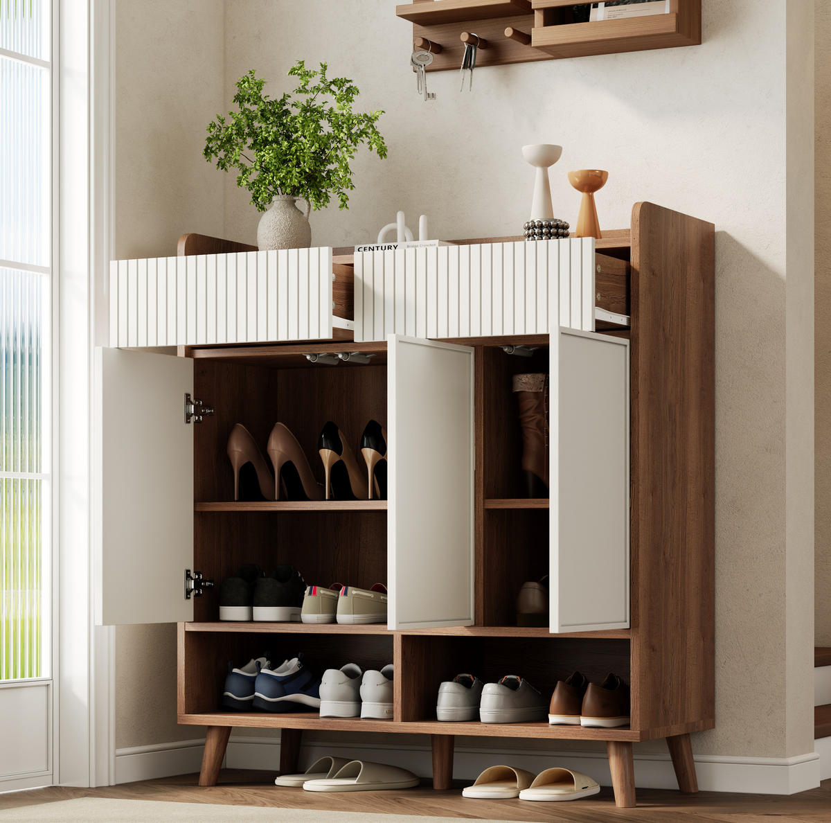 SCHUHSCHRANK mit 3 Türen 2 Schubladen 90 x 35 x 100 cm Weiß/Natural - Weiß, Holzwerkstoff (35/100/90cm) - Beauniv