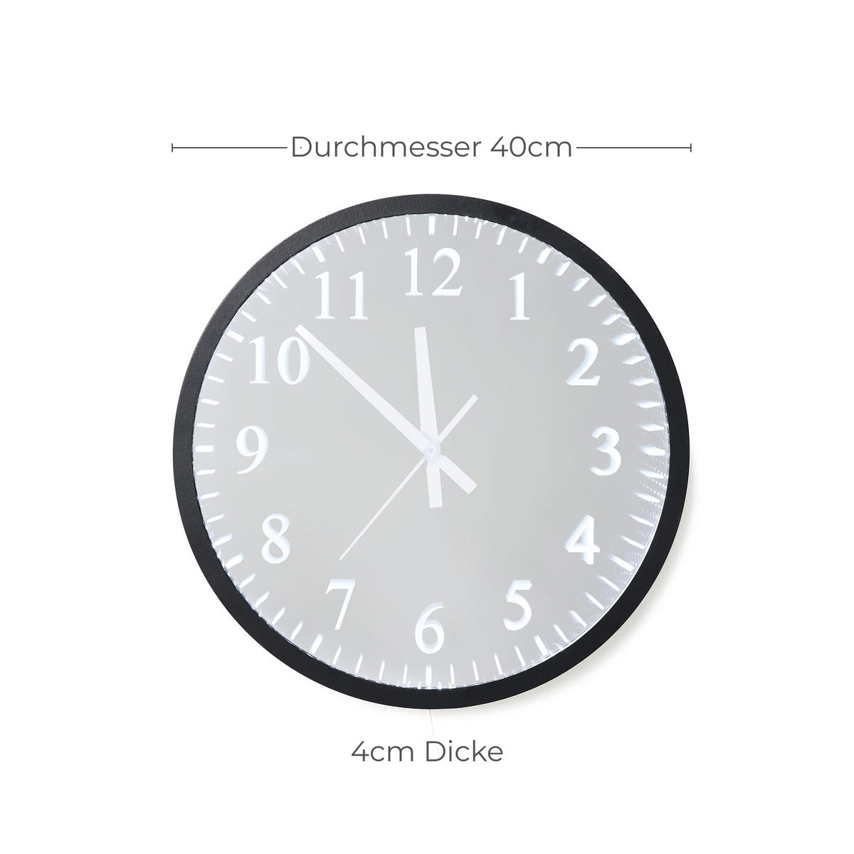 40X40CM Runder LED-Spiegel mit Uhrfunktion - Schwarz, Glas (40/40/3.5cm) - Hometopia