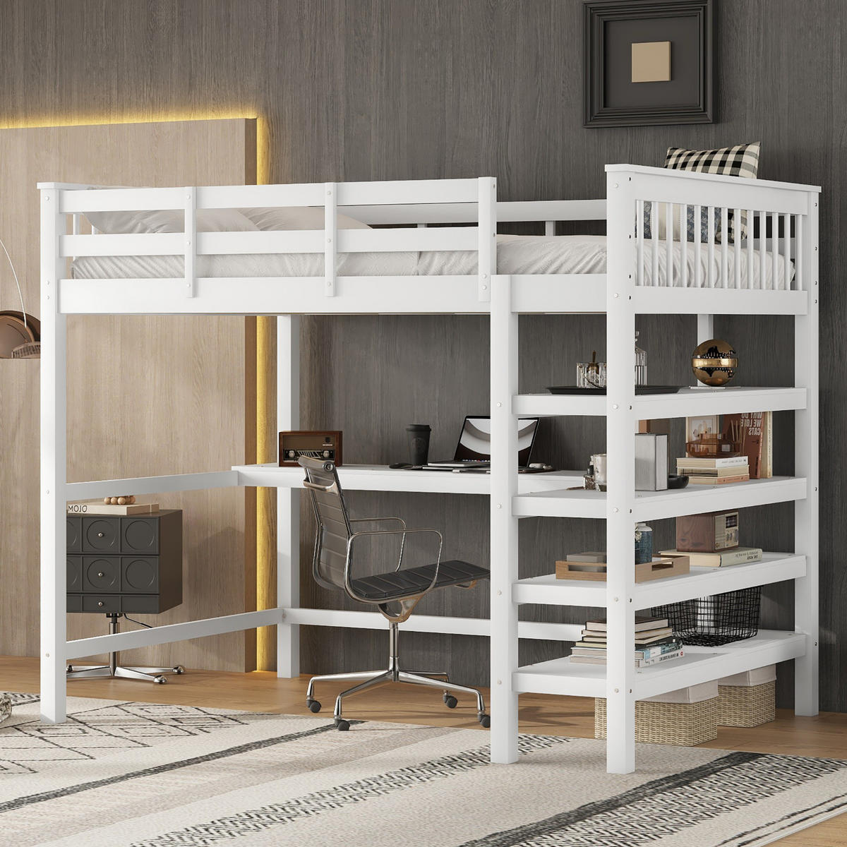 HOCHBETT 140/200 cm, Weiß mit Ablagefächern und Schreibtisch ohne Matratze - Weiß, Holz (140/200cm) - MIVRAY