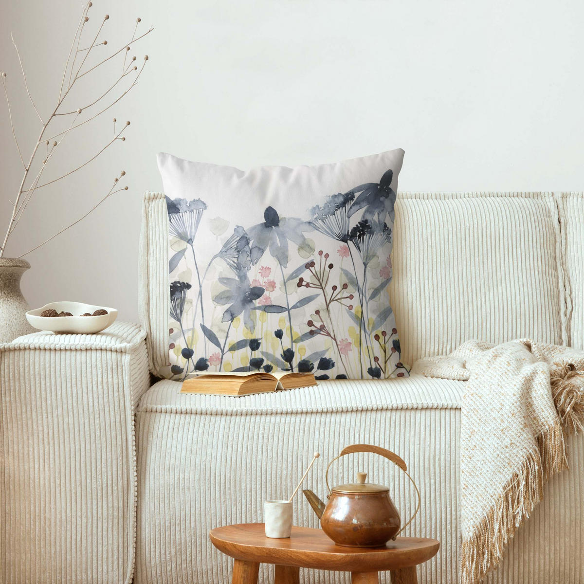 DEKOKISSEN Wildblumen Aquarell II 40/40 cm - Petrol, Textil (40/40/10cm) - Bilderwelten