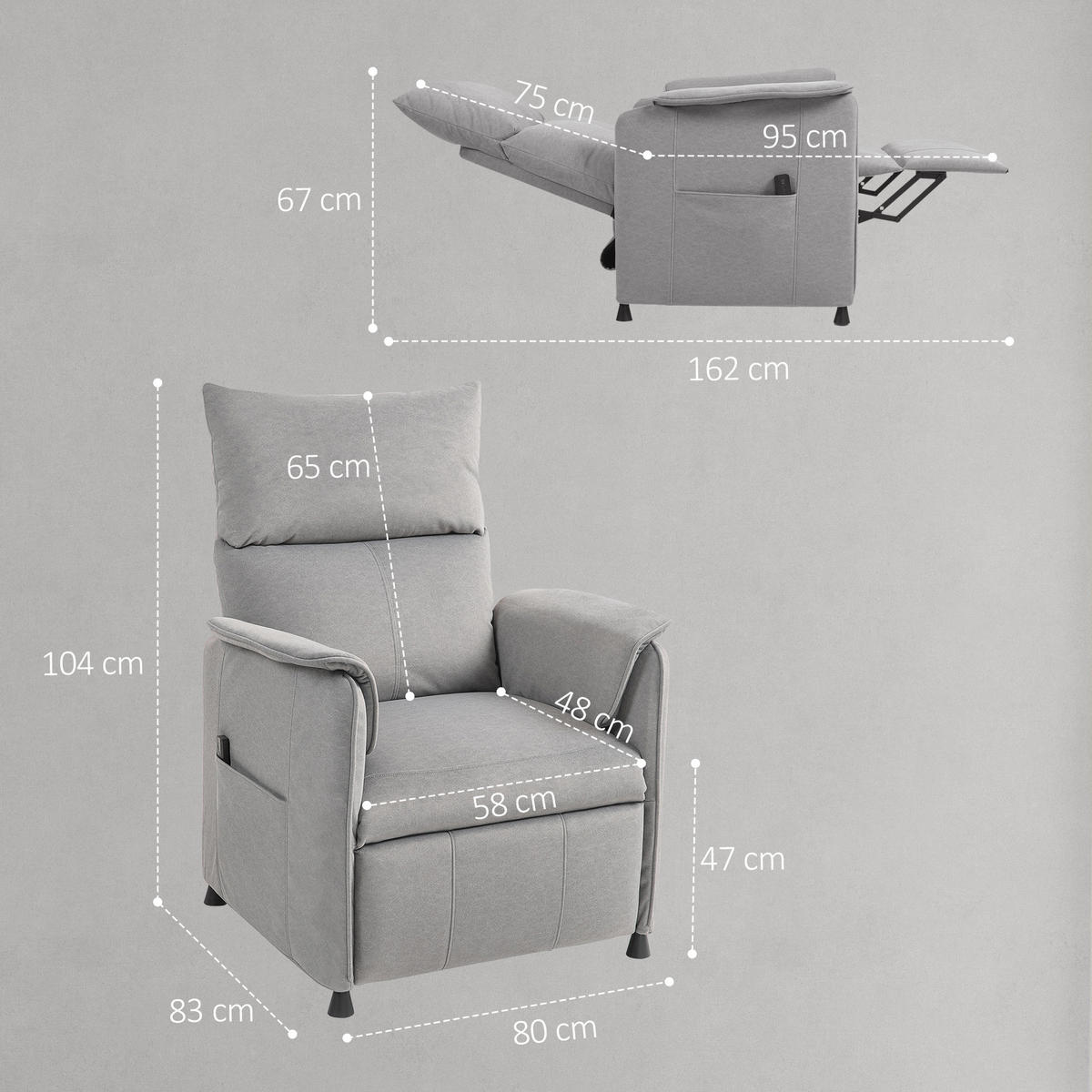 RELAXSESSEL Elektrisch Fernsehsessel mit Liegefunktion, Bürstenloser Motor Grau - Grau, Kunststoff (80/104/83cm) - HOMCOM
