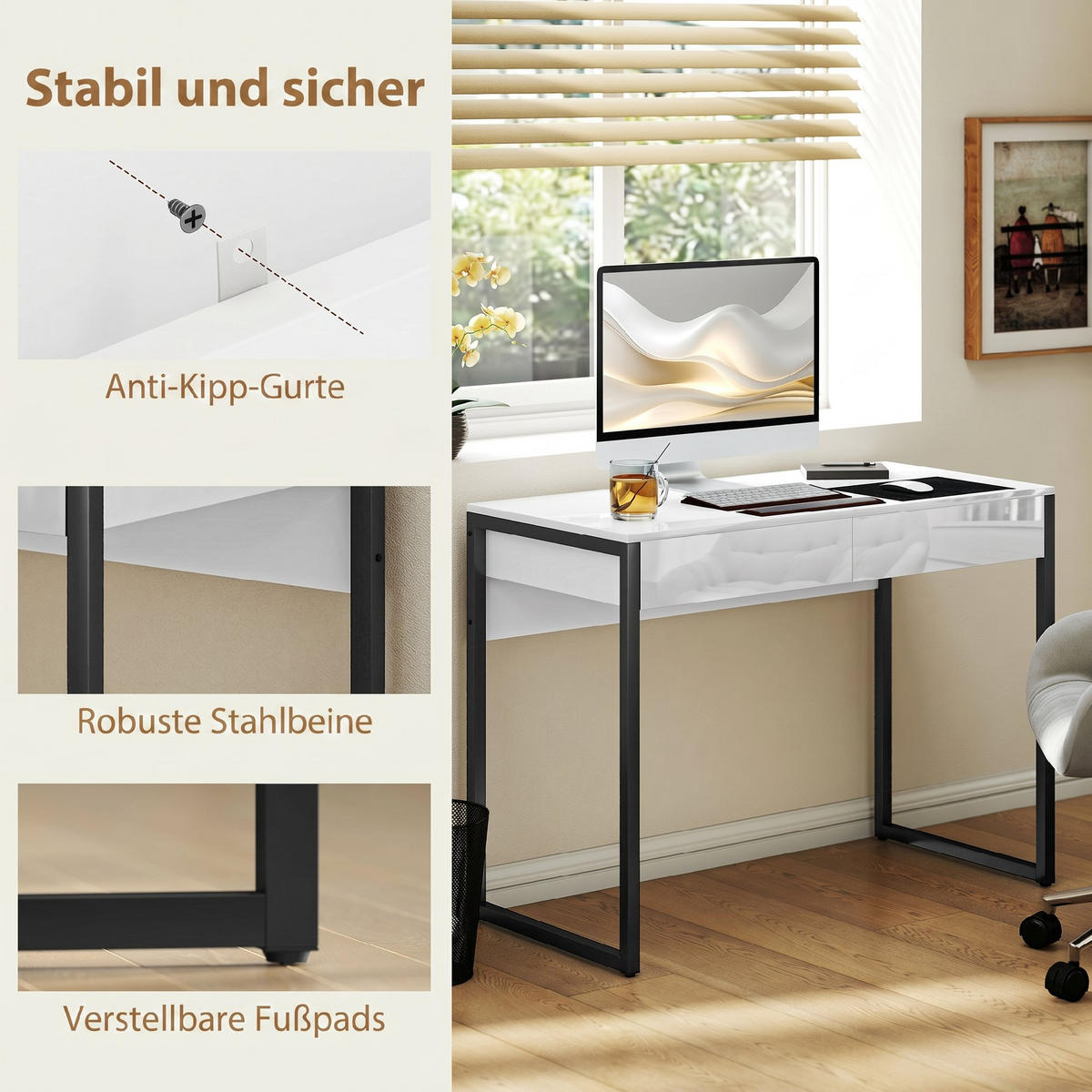 SCHREIBTISCH Stahl Holz Schwarz - Schwarz/Weiß, Holzwerkstoff/Kunststoff (100/50/75cm) - HOMCOM