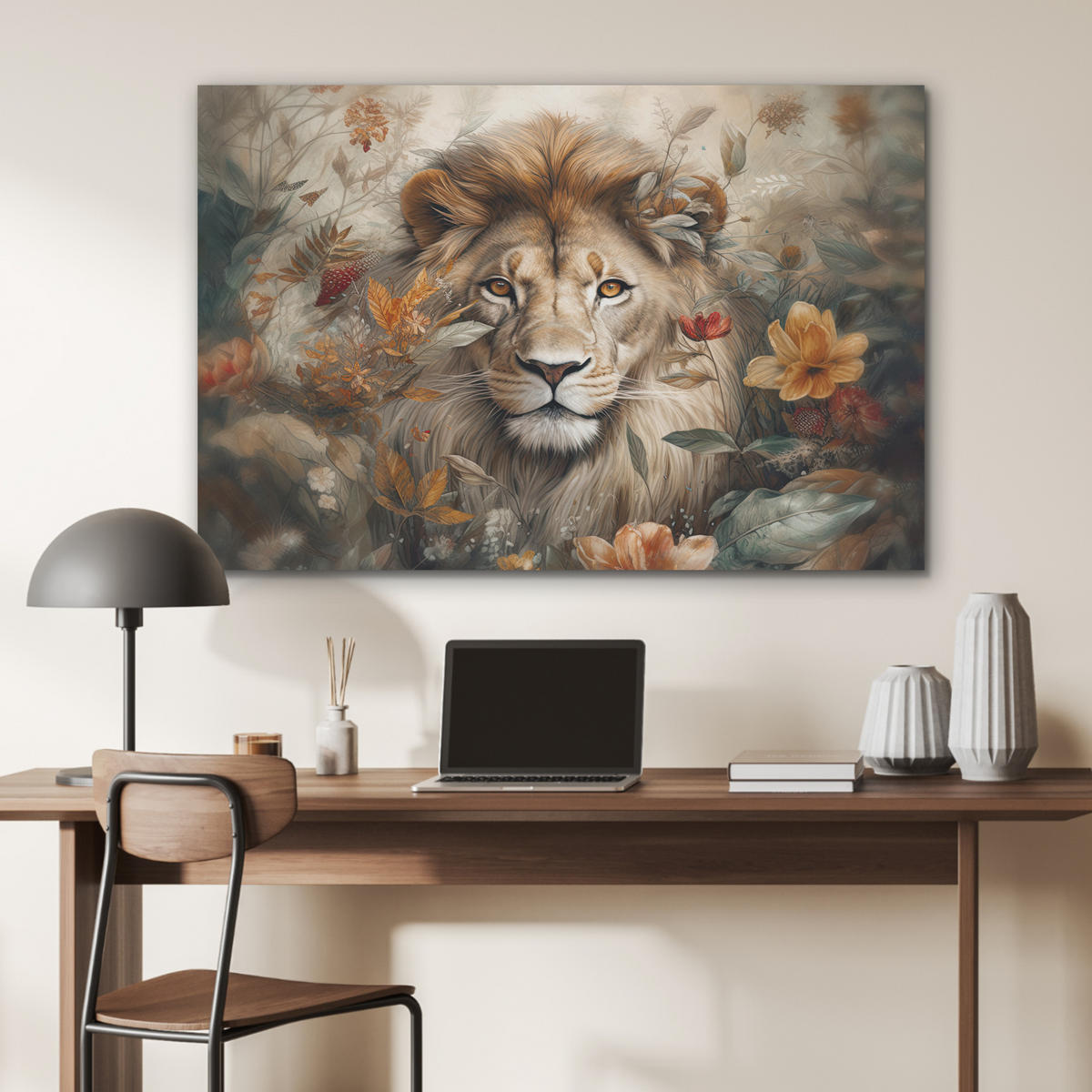 AKUSTIKPANEEL Löwe - Wildtiere - Pflanzen - Natur - Blumen 100x70 cm - Beige, Textil (100/0.9/70cm) - MuchoWow