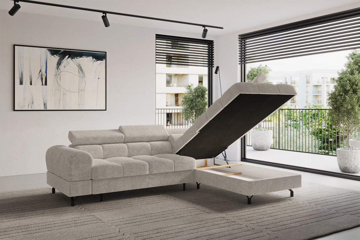 ECKSOFA mit Schlaffunktion Ottomane Rechts LUMA-L 272x203x70 Beige Velours - Beige/Schwarz, Holzwerkstoff/Kunststoff (203/272cm) - ALTDECOR