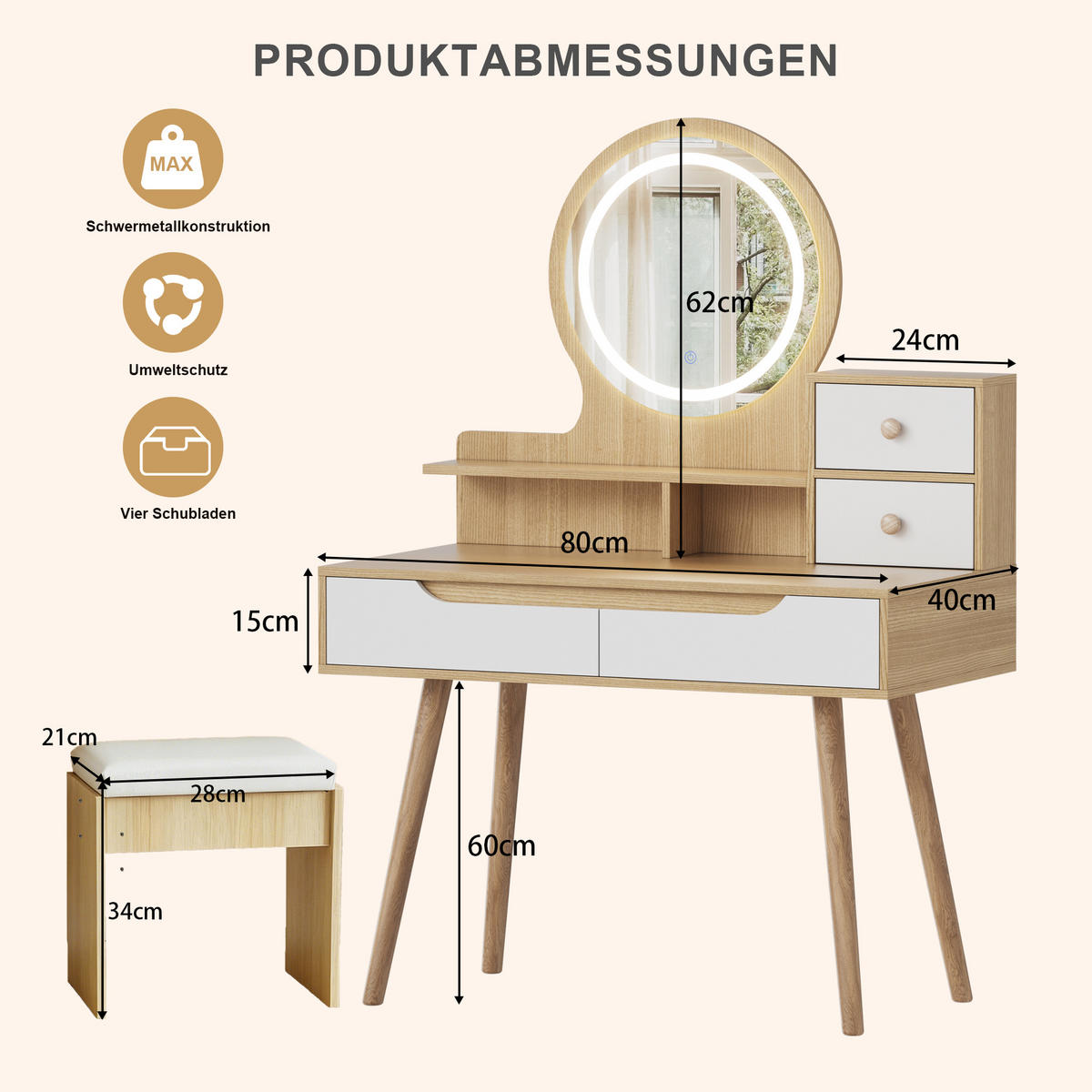 SCHMINKTISCH in Naturfarben Kosmetiktisch mit Polsterhocker, Spiegel und LED, für kleine Schlafzimmer, B80/H135/T40cm - Naturfarben, Holzwerkstoff (80/135/40cm) - STILVORA