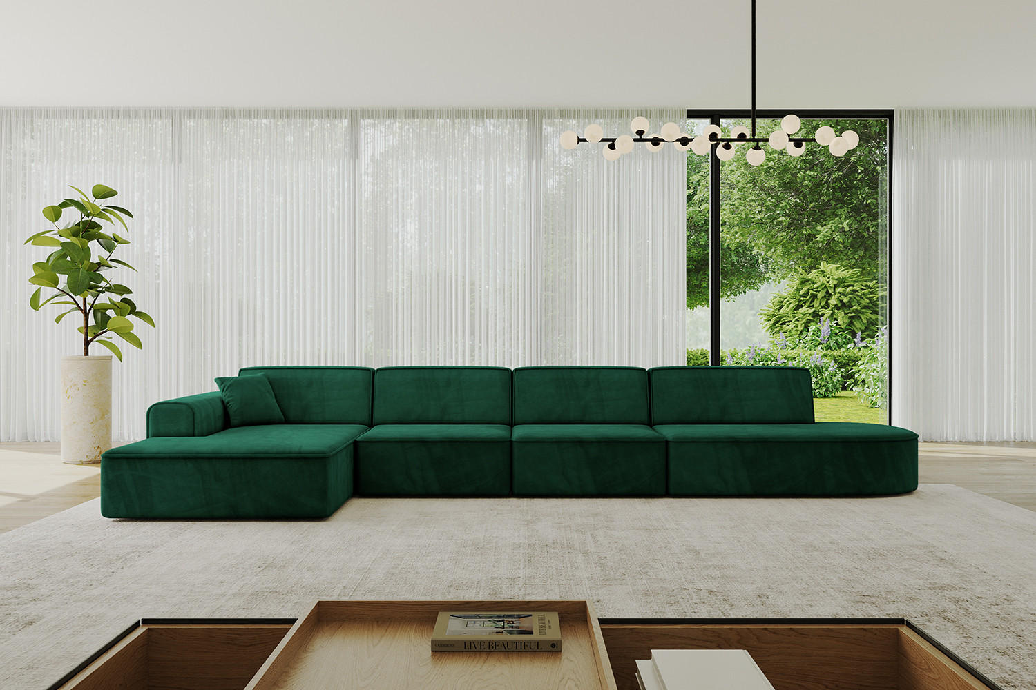 ECKSOFA Ottomane Links IREA-L3-v3 - 413x171x79 cm Grün - Dunkelgrün, Holzwerkstoff/Textil (413/171cm) - ALTDECOR